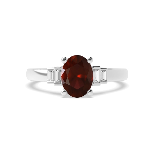 4 Prong Oval Step baguettes shank Garnet Engagement Rings