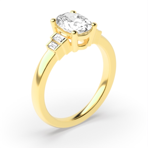 4 Prong Oval Yellow Gold Step baguettes shank Side Stone Engagement Rings
