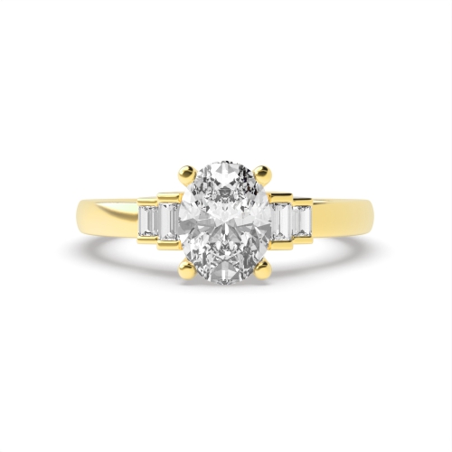 4 Prong Oval Yellow Gold Step baguettes shank Side Stone Engagement Rings