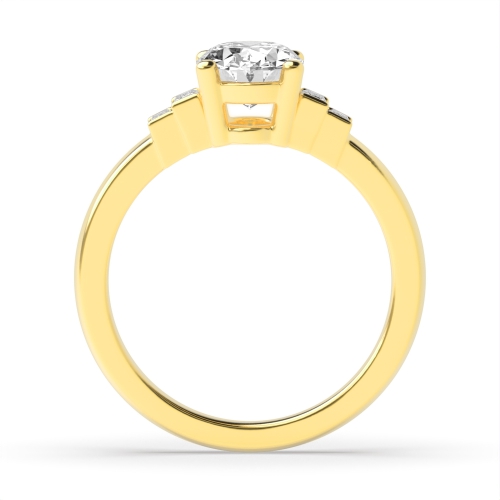 4 Prong Oval Yellow Gold Step baguettes shank Side Stone Engagement Rings