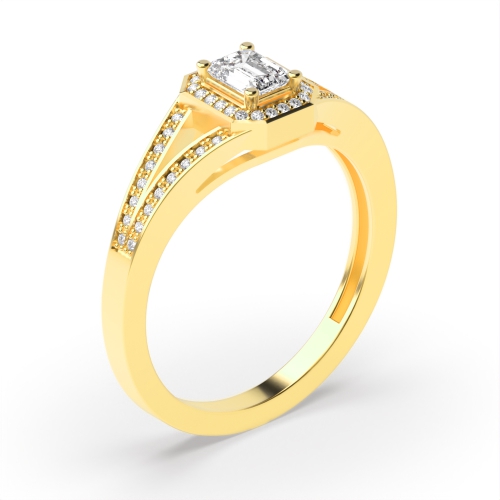 4 Prong Setting Emerald Shape Split Shoulder Halo Diamond Engagement Rings