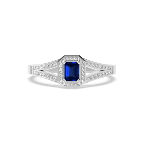 4 Prong Emerald Split shoulder Blue Sapphire Engagement Rings