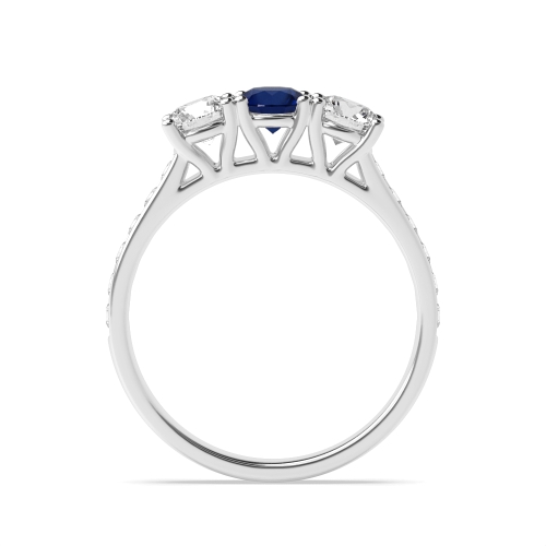 4 Prong Round Blue Sapphire Three Stone Diamond Ring