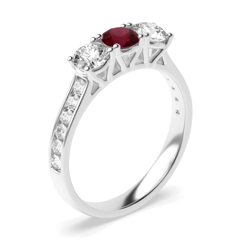 4 Prong Round Ruby Three Stone Diamond Ring