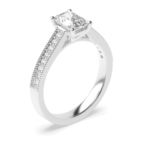 4 Prong Radiant Silver Miligrain edge Side Stone Engagement Rings