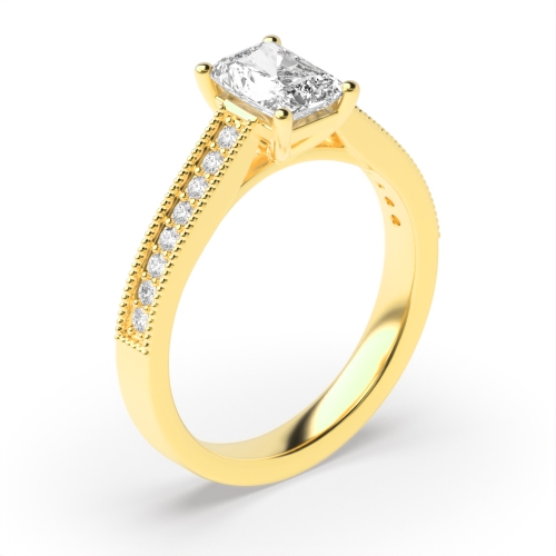 4 Prong Radiant Yellow Gold Miligrain edge Engagement Rings