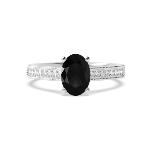 4 Prong Oval Miligrain edge Black Diamond Engagement Rings
