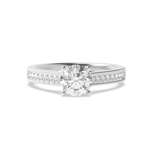 4 Prong Round Miligrain edge Side Stone Engagement Rings