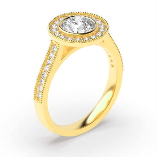 Bezel Setting Round Shape Miligrain Edge Halo Diamond Engagement Rings
