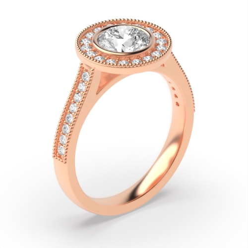 Bezel Setting Round Rose Gold Miligrain edge Halo Engagement Rings