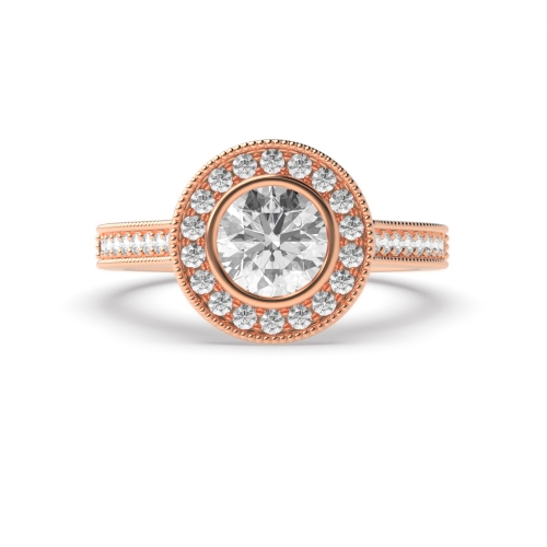 Bezel Setting Round Rose Gold Miligrain edge Halo Engagement Rings