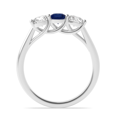 4 Prong Round Wavy Setting Blue Sapphire Three Stone Diamond Ring