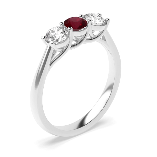 4 Prong Round Wavy Setting Ruby Three Stone Diamond Ring