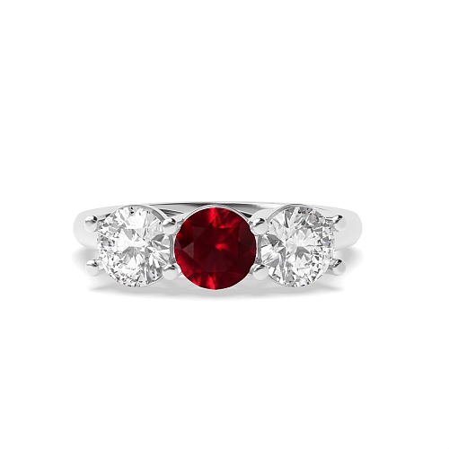 4 Prong Round Wavy Setting Ruby Three Stone Diamond Ring