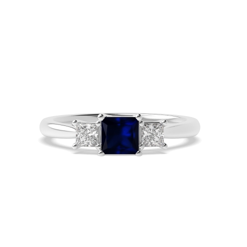 4 Prong Princess Basket Set Blue Sapphire Three Stone Diamond Ring