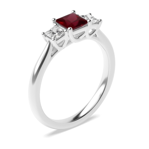 4 Prong Princess Basket Set Ruby Three Stone Diamond Ring