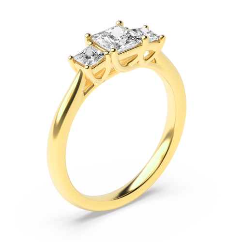 4 Prong Princess Yellow Gold Basket Set Three Stone Engagement Ring