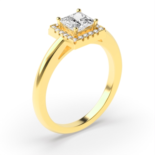 4 Prong Princess Yellow Gold Halo with plan shank Engagement Rings