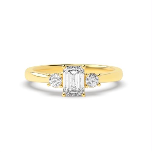 4 Prong Emerald/Round Yellow Gold Three Stone Diamond Ring