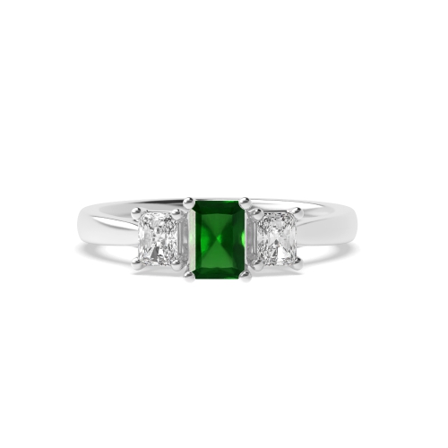 4 Prong Cross Over Claws with Gallery Emerald Three Stone Diamond Ring