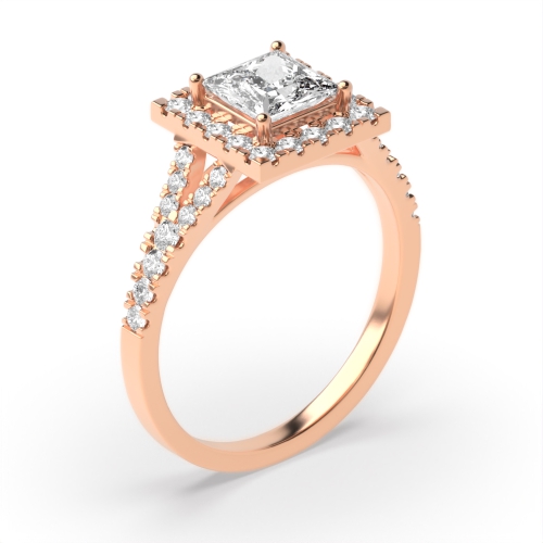 4 Prong Princess Rose Gold Pave set split shank Halo Engagement Rings