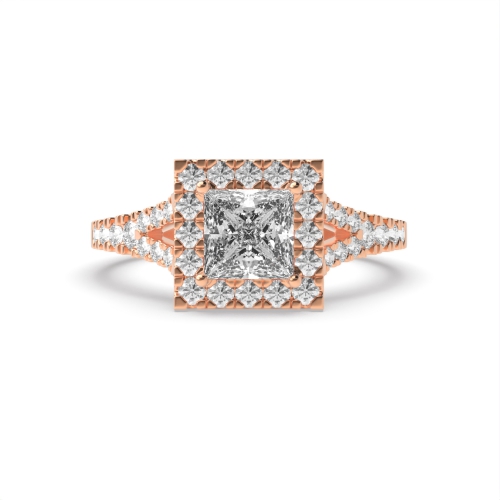 4 Prong Princess Rose Gold Pave set split shank Halo Engagement Rings