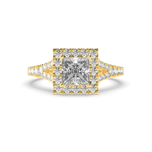 4 Prong Princess Yellow Gold Pave set split shank Engagement Rings