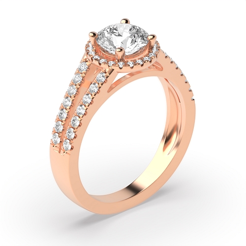 4 Prong Round Rose Gold 2 row shoulder Halo Engagement Rings