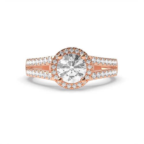 4 Prong Round Rose Gold 2 row shoulder Halo Engagement Rings