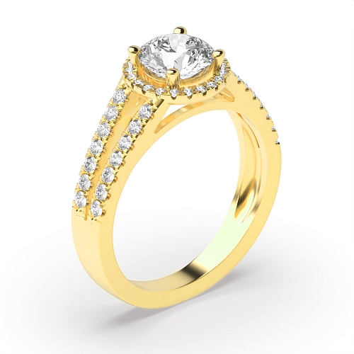 4 Prong Round Yellow Gold 2 row shoulder Engagement Rings