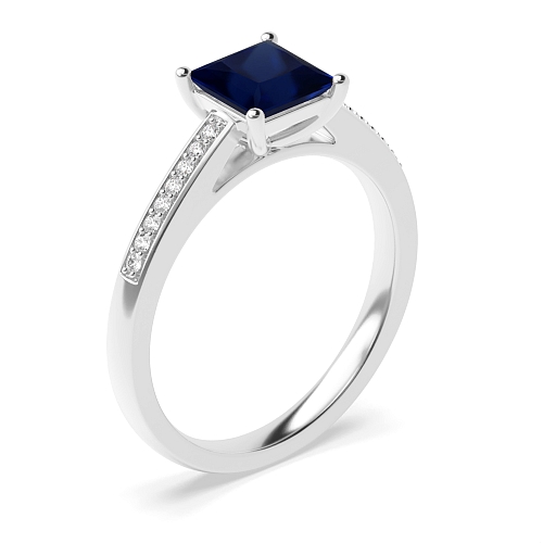 Princess Pave set shank Blue Sapphire Engagement Rings