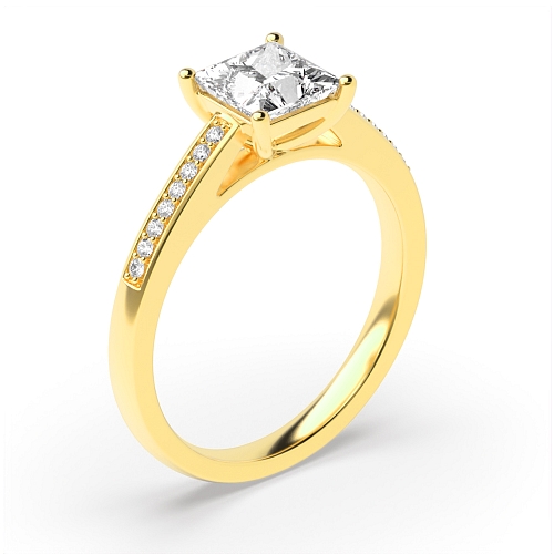 Princess Yellow Gold Pave set shank Engagement Rings