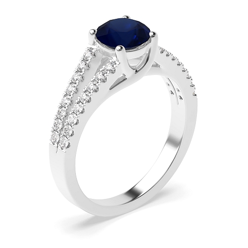 4 Prong Round Split shoulder pave set Blue Sapphire Engagement Rings