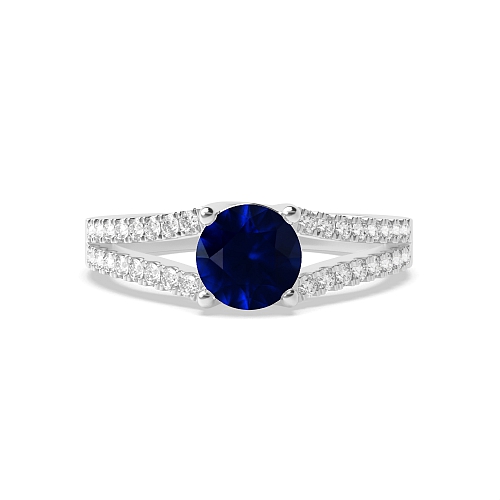 4 Prong Round Split shoulder pave set Blue Sapphire Engagement Rings