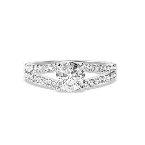 4 Prong Round Split shoulder pave set Side Stone Engagement Ring