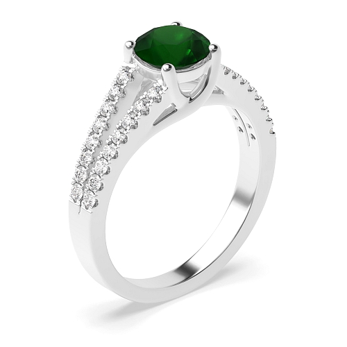 4 Prong Round Split shoulder pave set Emerald Side Stone Engagement Rings