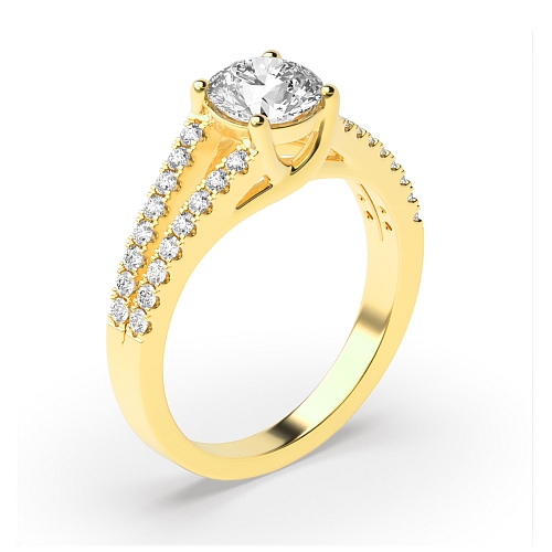 4 Prong Round Yellow Gold Split shoulder pave set Engagement Rings