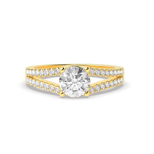 4 Prong Round Yellow Gold Split shoulder pave set Engagement Rings