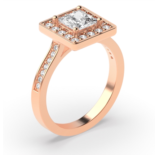 4 Prong Princess Rose Gold Delicare shank Halo Engagement Rings