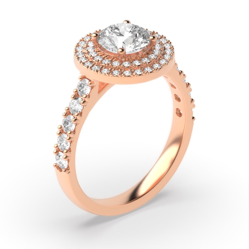 4 Prong Round Rose Gold Accented double Halo Engagement Rings