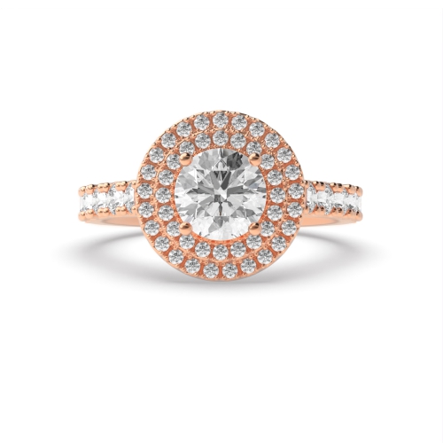 4 Prong Round Rose Gold Accented double Halo Engagement Rings
