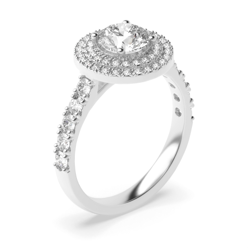 4 Prong Round Platinum Accented double Halo Engagement Rings