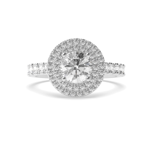 4 Prong Round Platinum Accented double Halo Engagement Rings
