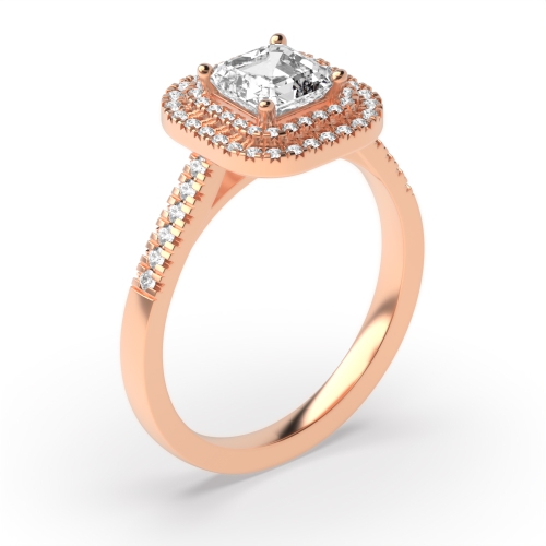 4 Prong Asscher Rose Gold Two row Halo Engagement Rings