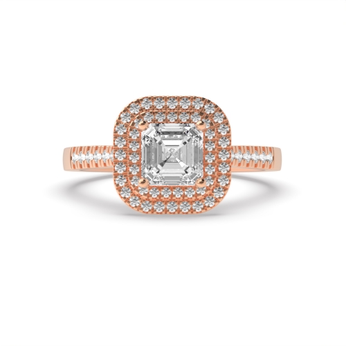 4 Prong Asscher Rose Gold Two row Halo Engagement Rings