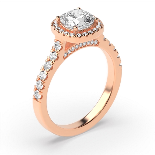 4 Prong Cushion Rose Gold And stones on bridge Halo Engagement Rings