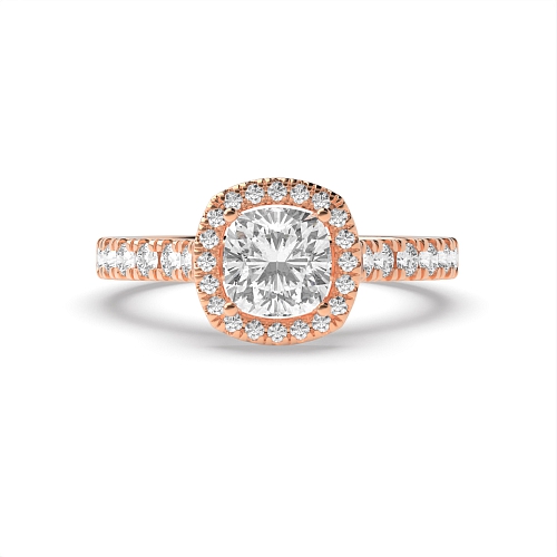 4 Prong Cushion Rose Gold And stones on bridge Halo Engagement Rings