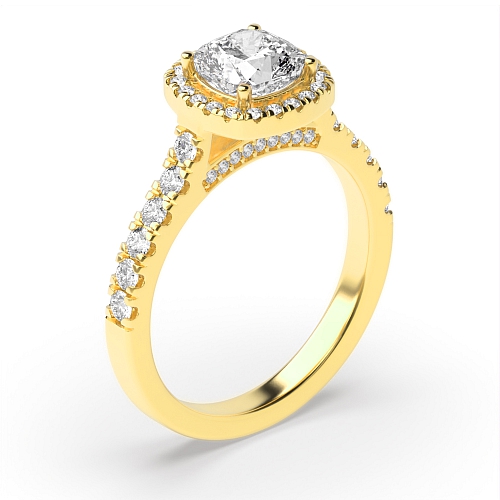 4 Prong Cushion Yellow Gold And stones on bridge Engagement Rings