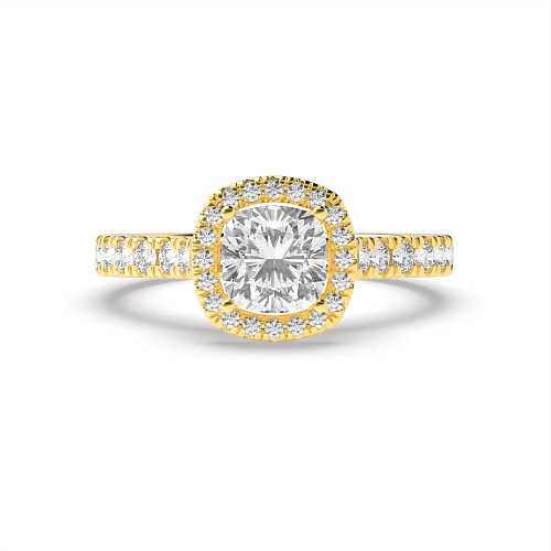 4 Prong Cushion Yellow Gold And stones on bridge Engagement Rings