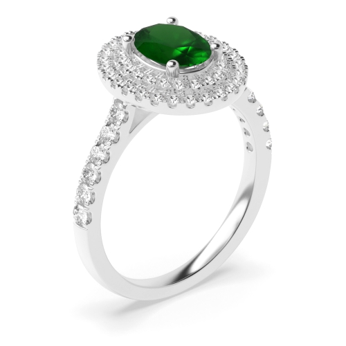 4 Prong Oval Double Emerald Halo Engagement Rings